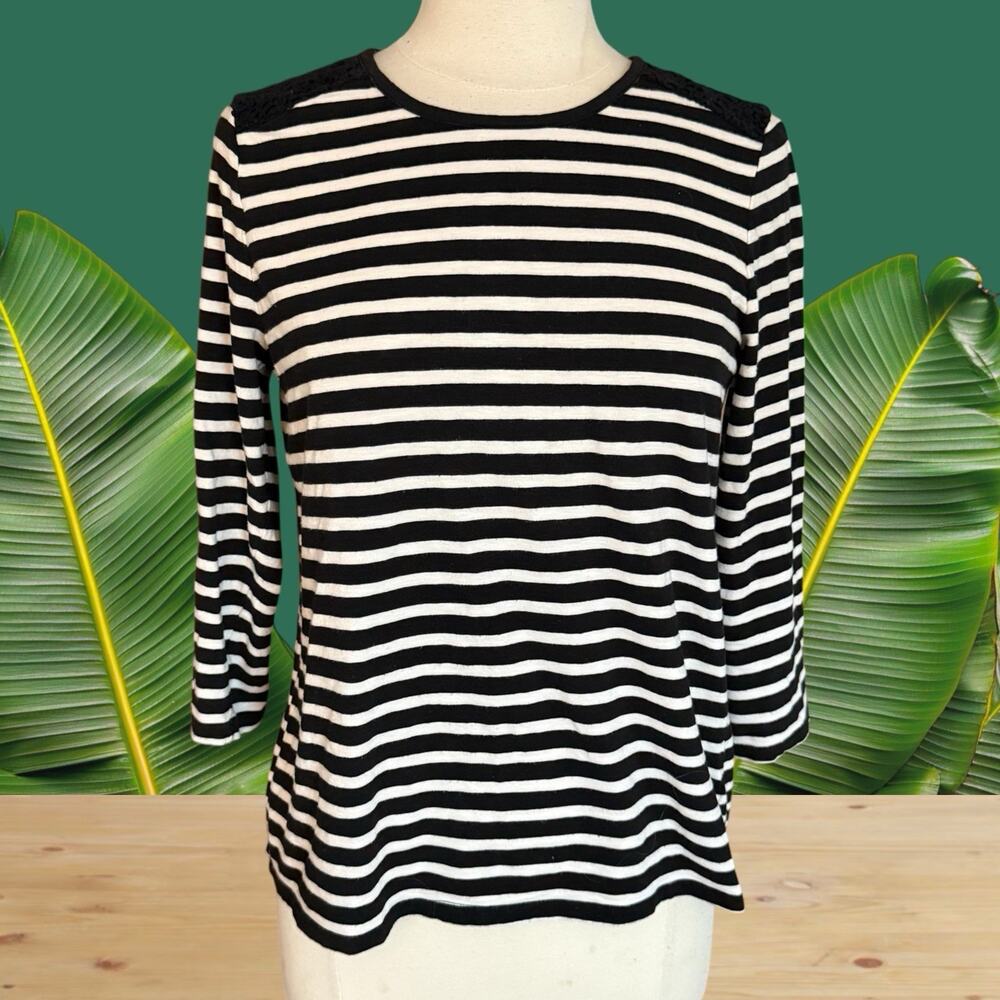 Talbots Striped Top Sz M Womens Lace Accent Yoke HiLo 3/4 Sleeves Preppy Coastal